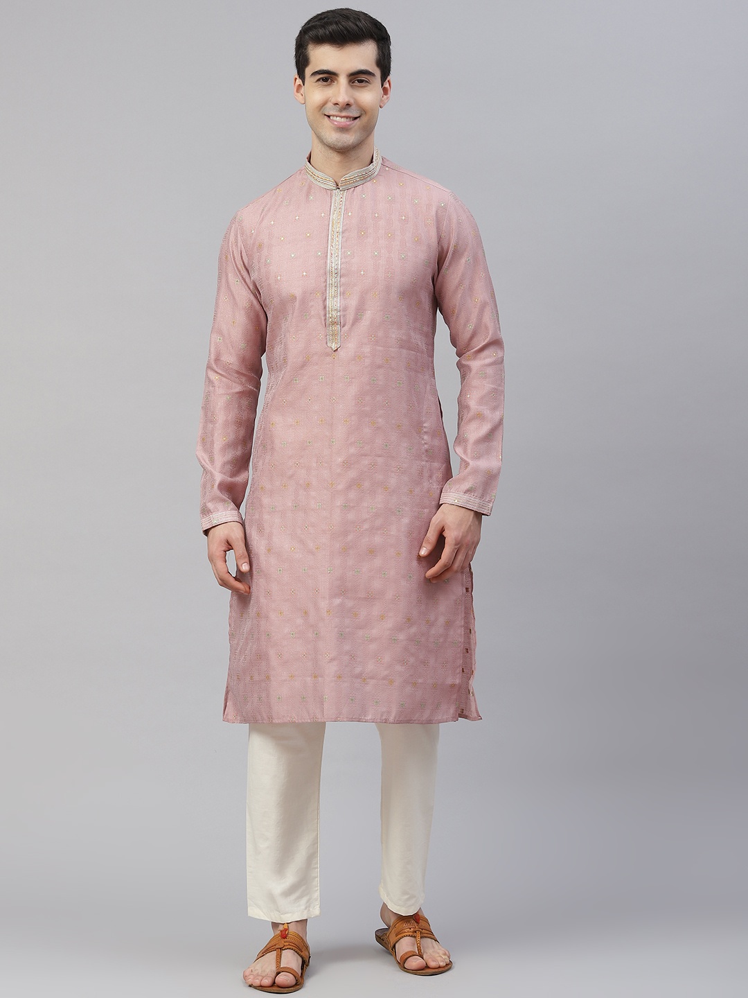 

Readiprint Men Mauve & Gold Ethnic Jacquard Design Zari Straight Kurta Pyjamas
