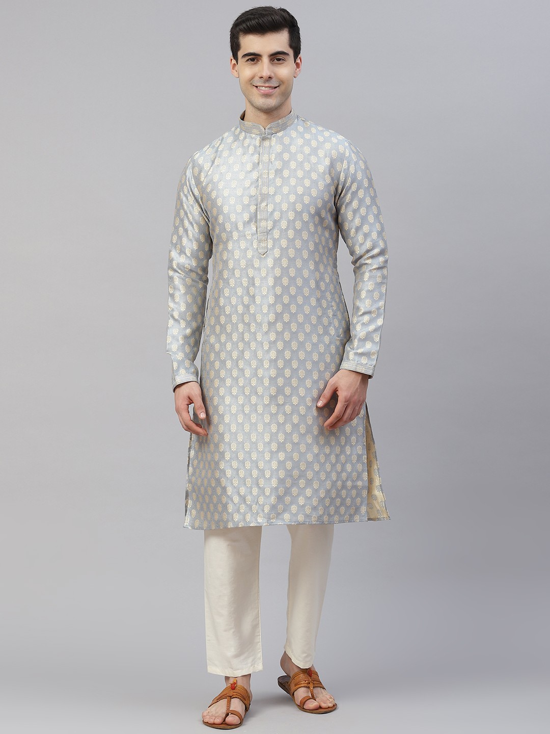 

Readiprint Fashions Men Grey & Gold Jacquard Floral Straight Kurta with Pyjamas