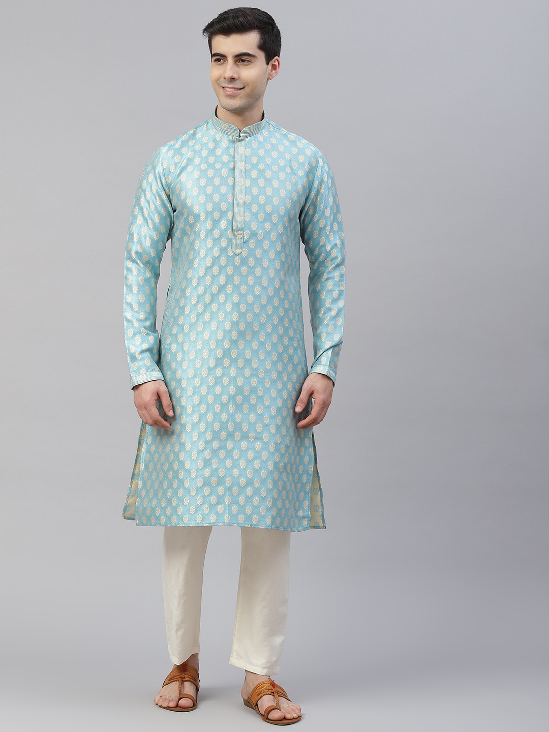 

Readiprint Fashions Men Blue & Gold Jacquard Design Zari Straight Kurta Pyjamas
