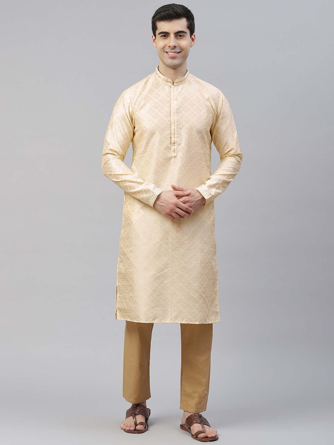 

Readiprint Fashions Cream-Coloured & Gold Jacquard Woven Design Straight Kurta Trousers