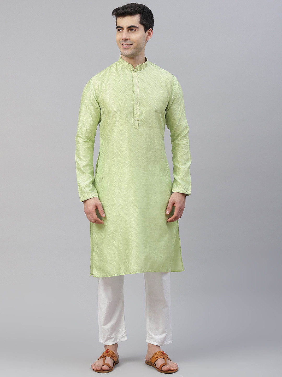 

Readiprint Fashions Men Green & Gold Jacquard Woven Design Straight Kurta Trousers