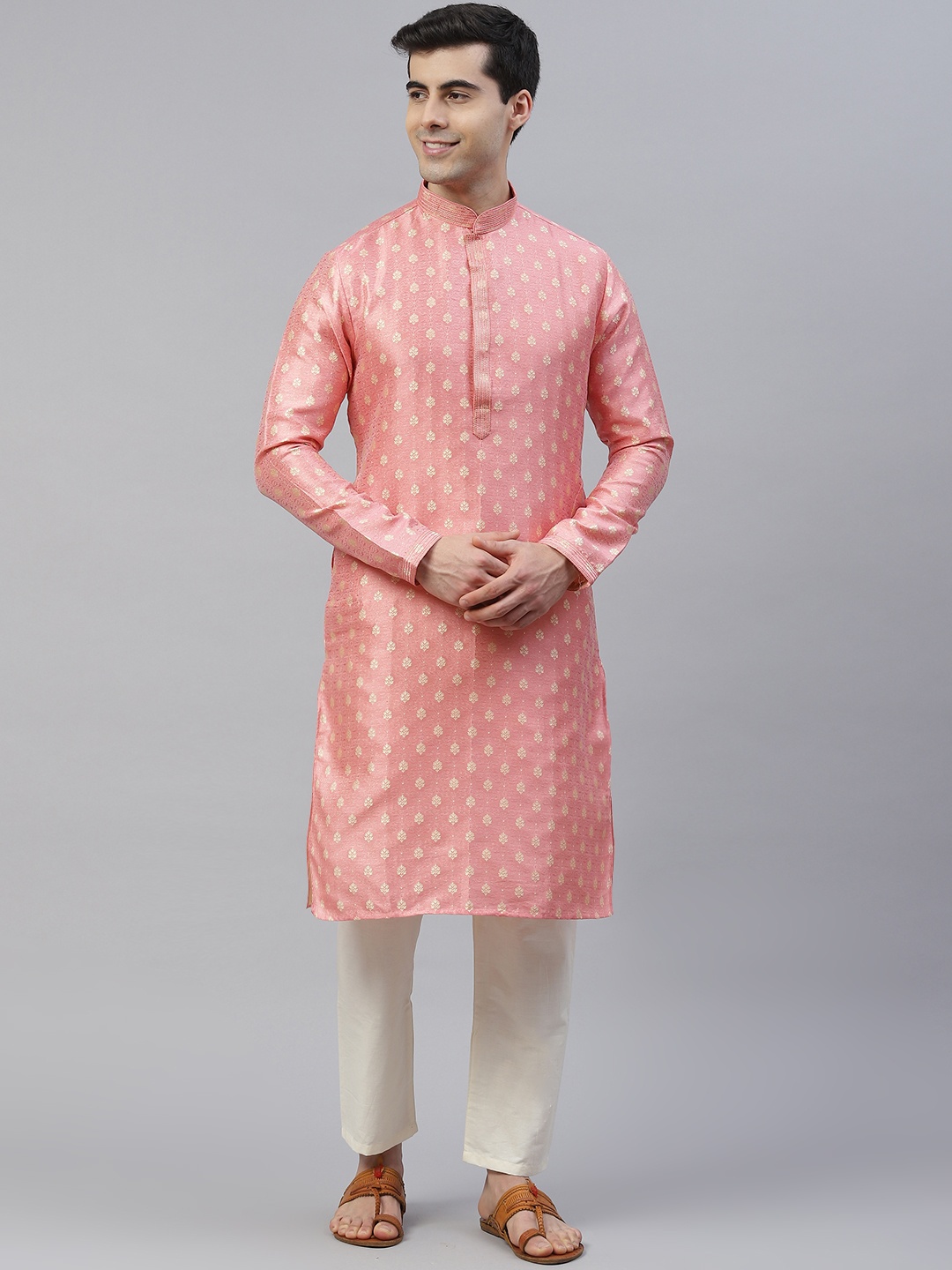 

Readiprint Men Peach-Coloured & Gold Ethnic Jacquard Straight Kurta Pyjamas