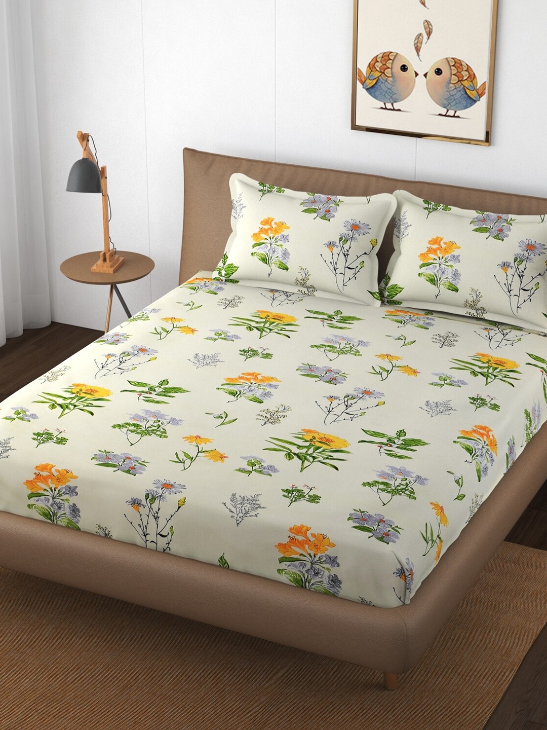 

Bajo's Floral Printed 250 TC Queen Bedsheet with 2 Pillow Covers, Off white