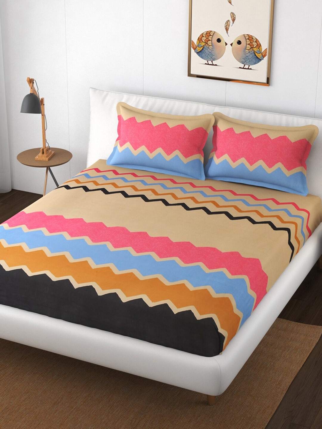 

Bajo's Geometric Printed 250 TC Queen Bedsheet with 2 Pillow Covers, Pink