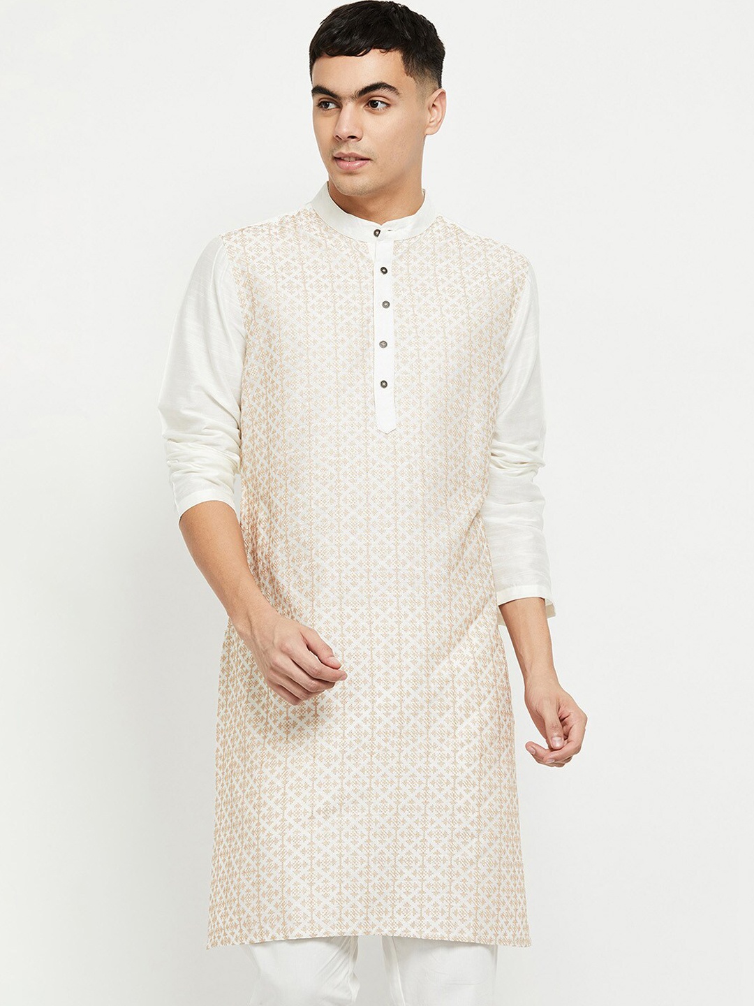 

max Men Ethnic Motifs Thread Work Kurta, Off white