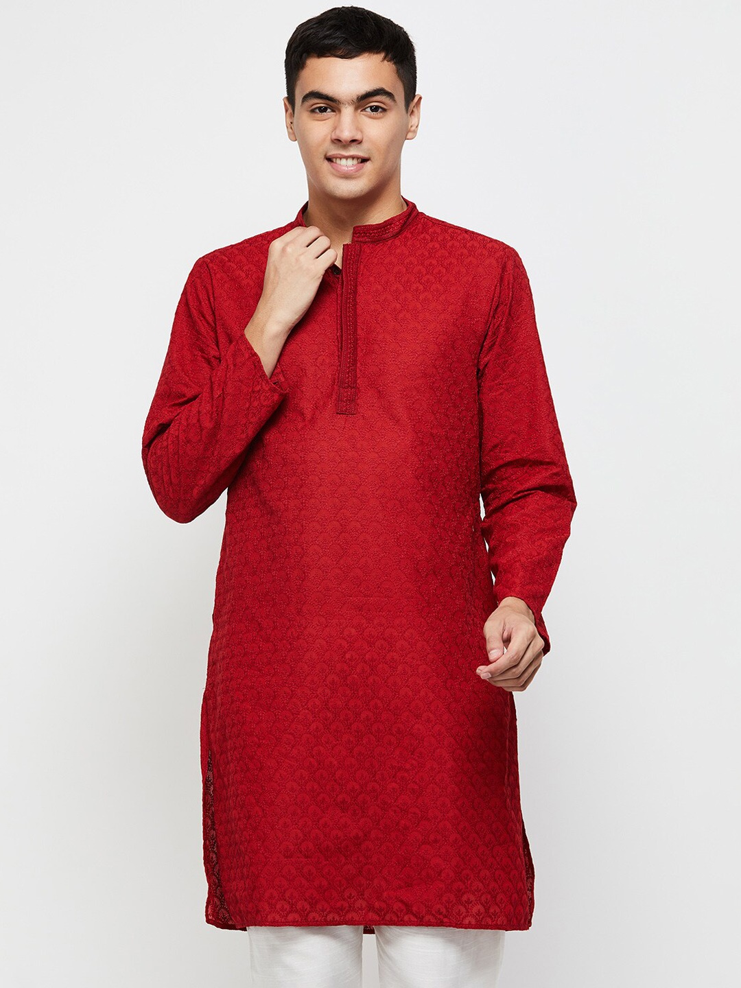 

max Men Thread Work Cotton Kurta, Maroon