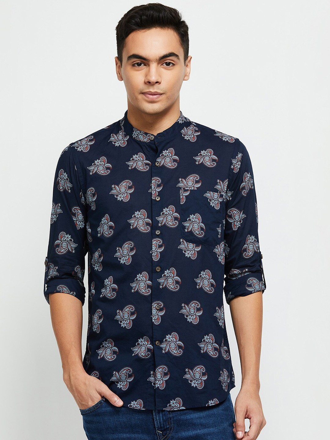 

max Men Floral Printed Thread Work Cotton Kurta, Blue