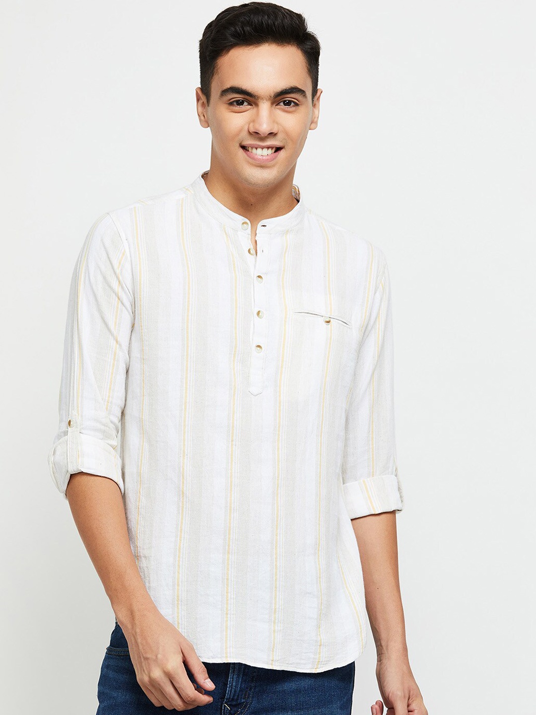 

max Men Thread Work Cotton Kurta, Beige