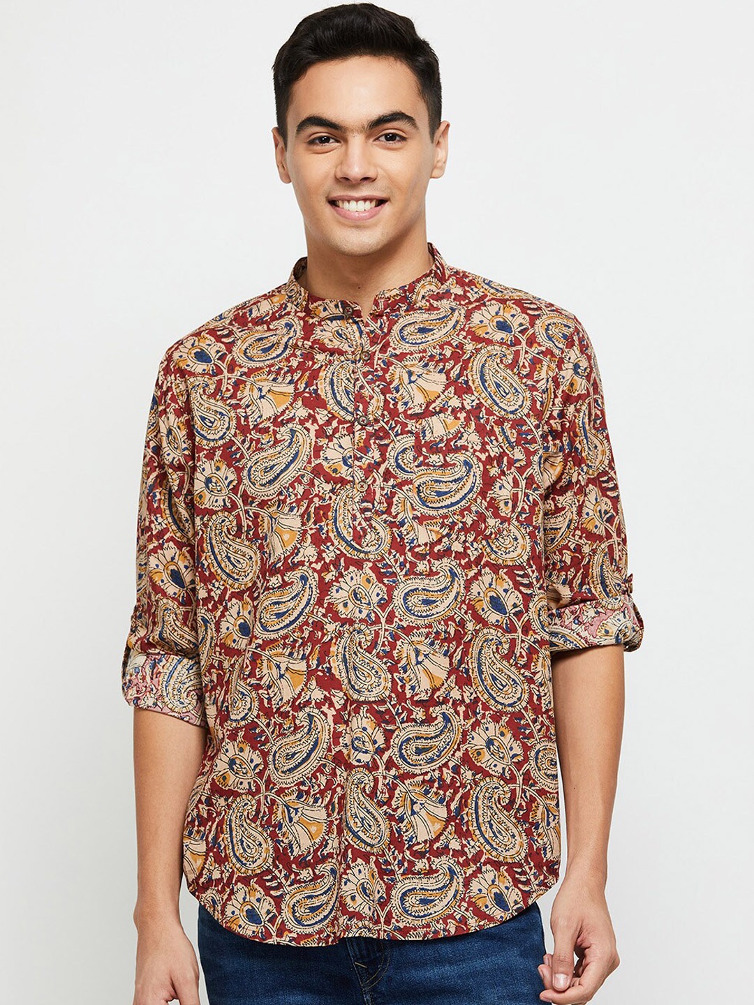 

MAX Men Kalamkari Printed Short Kurta, Yellow