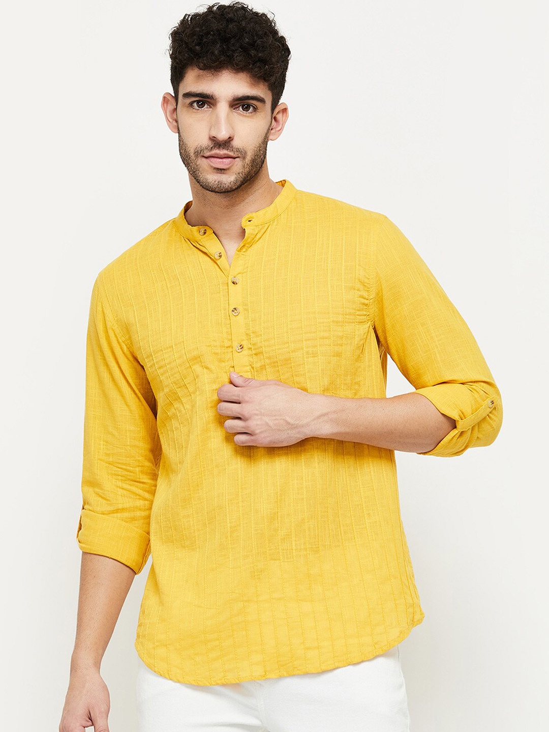 

MAX Men Textured Band Collar Short Kurta, Yellow