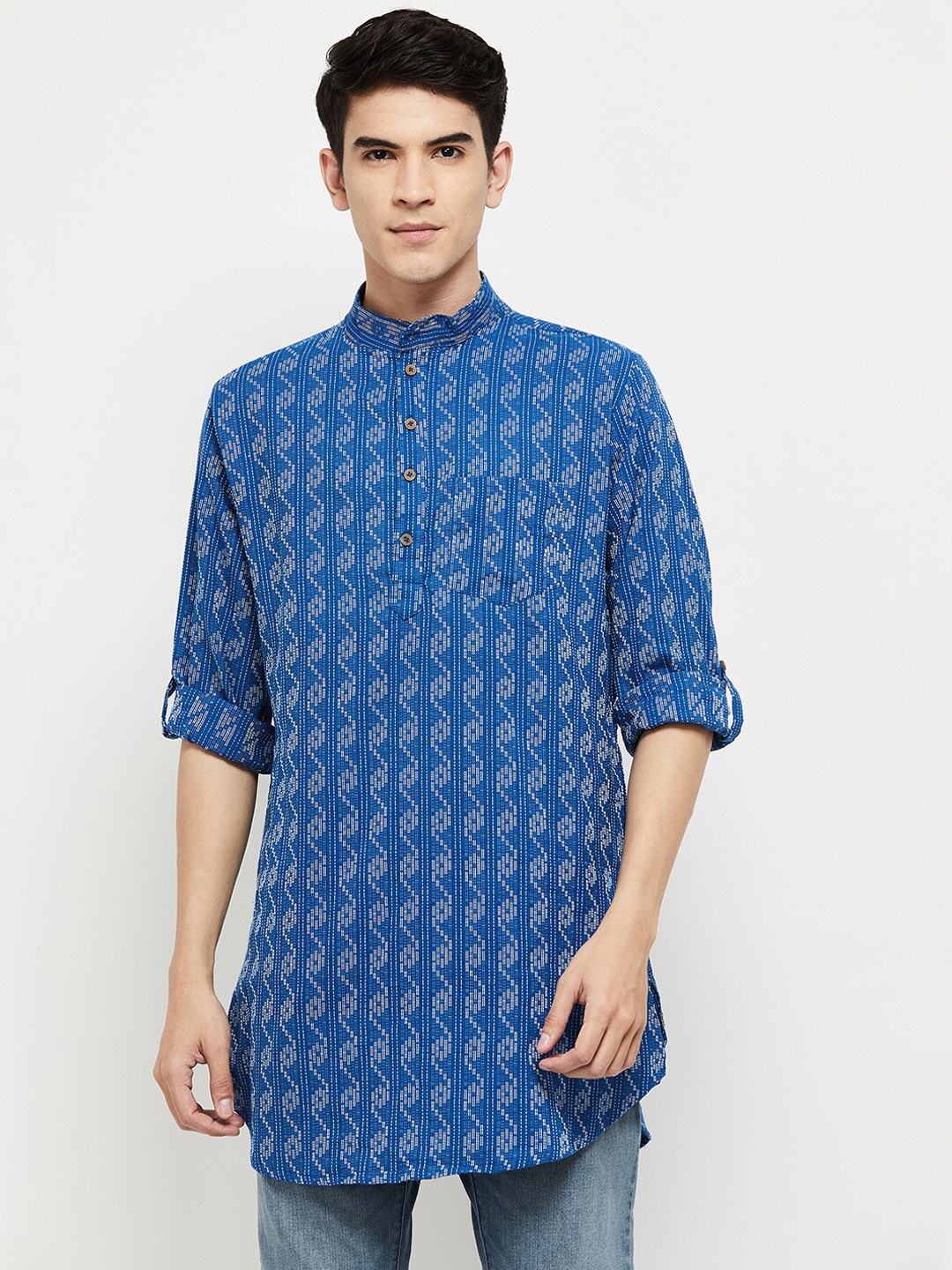 

max Men Blue Ethnic Motifs Woven Design Thread Work Cotton Kurta