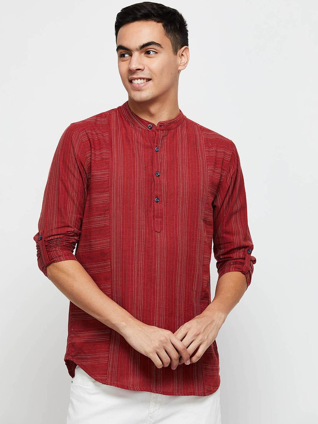 

max Men Maroon Striped Woven Design Cotton Kurta