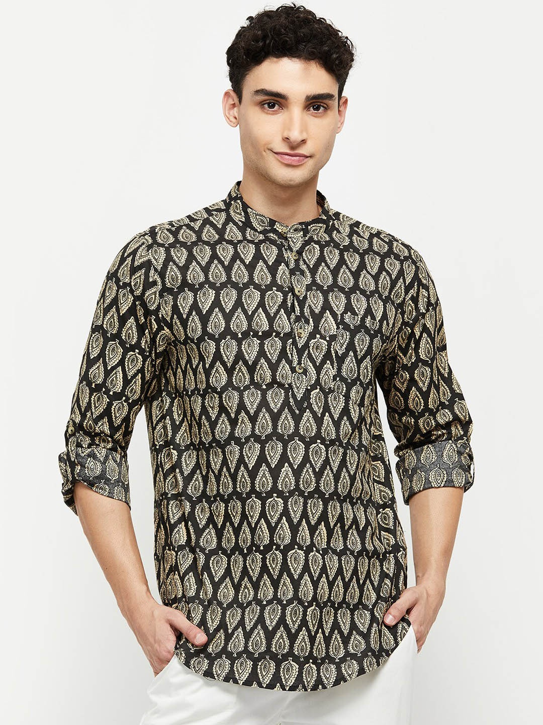

max Men Black Ethnic Motifs Printed Cotton Kurta