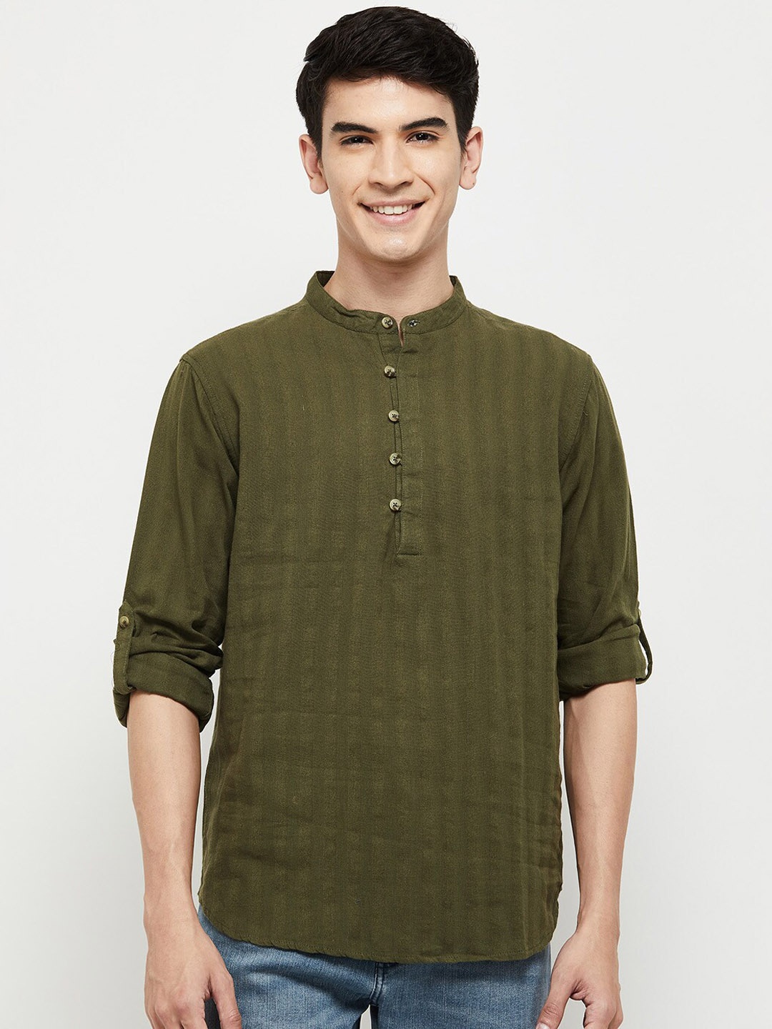 

max Men Olive Green Striped Cotton Kurta