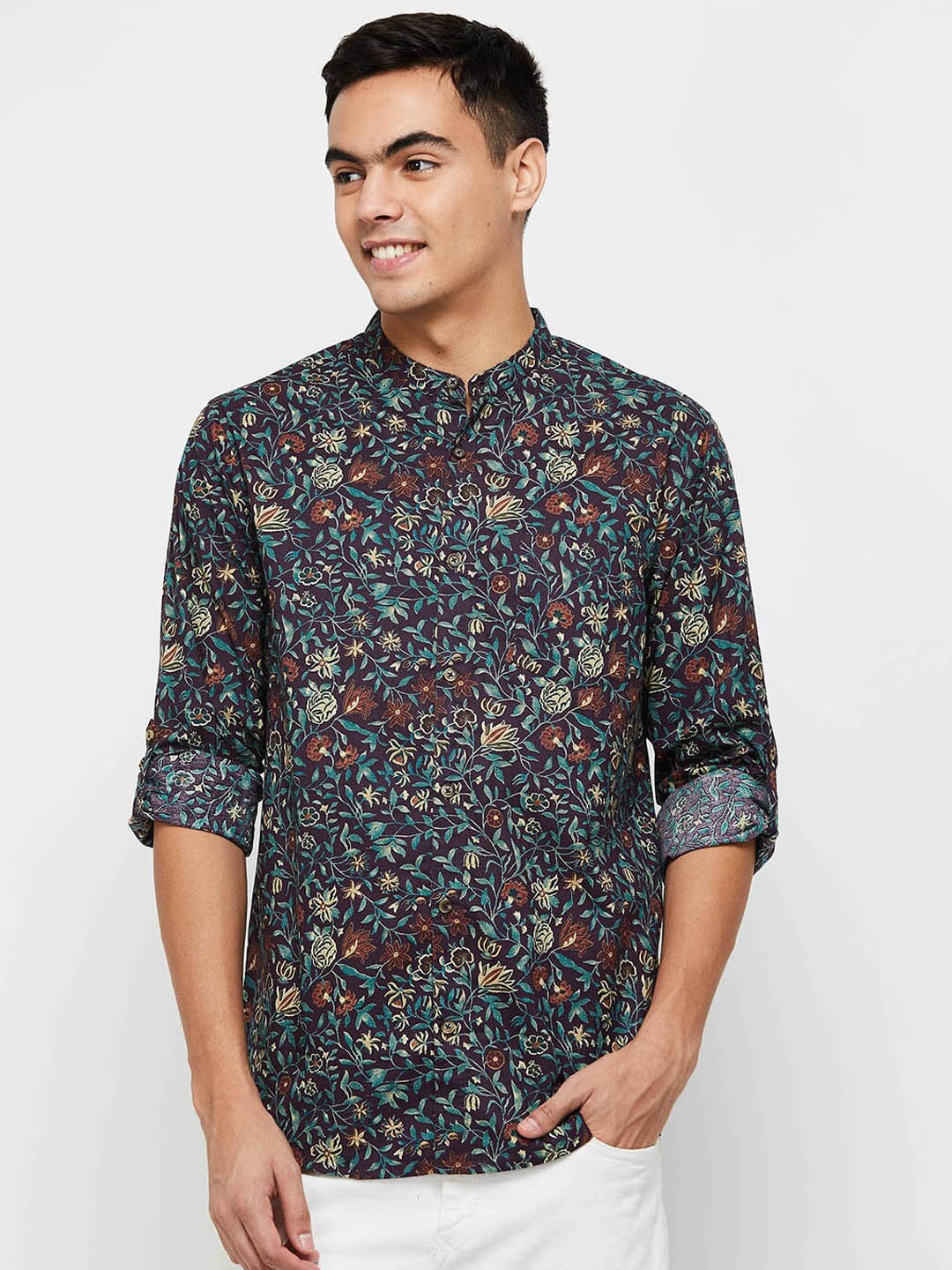 

max Men Navy Blue & Brown Mandarin Collar Printed Cotton Kurta