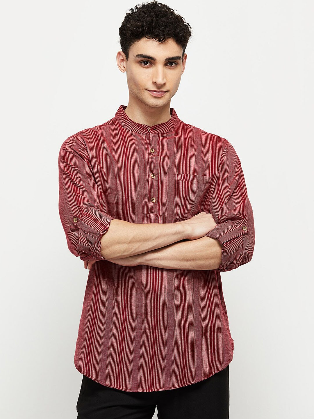 

max Men Maroon Striped Cotton Kurta