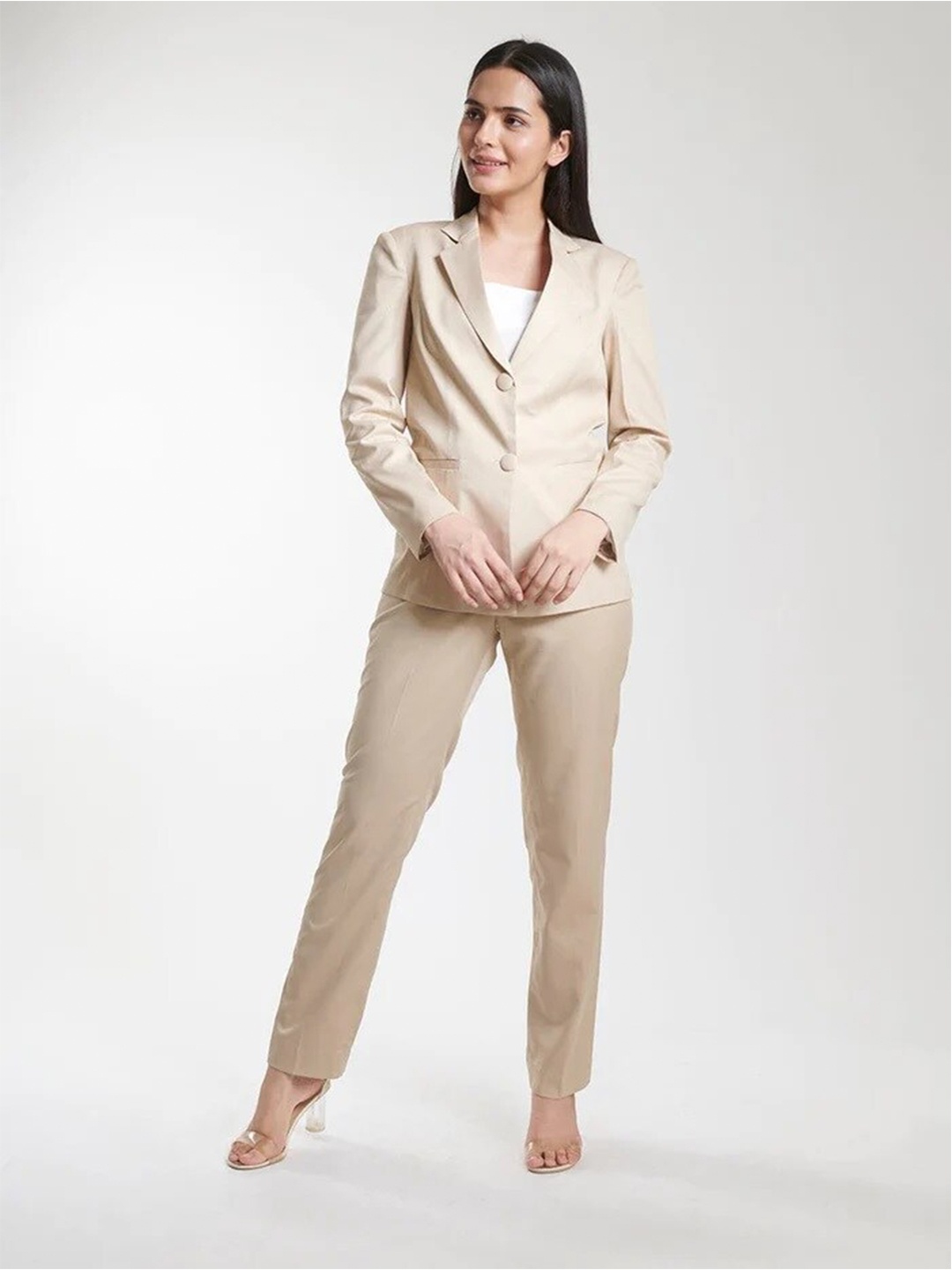 

PowerSutra Women Solid Single-Breasted Two-Piece Formal Suit, Beige