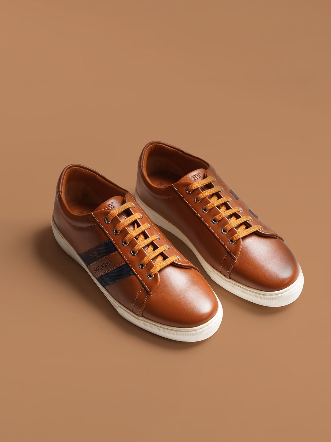 

RAPAWALK Men Striped Leather Lace-Up Sneakers, Tan