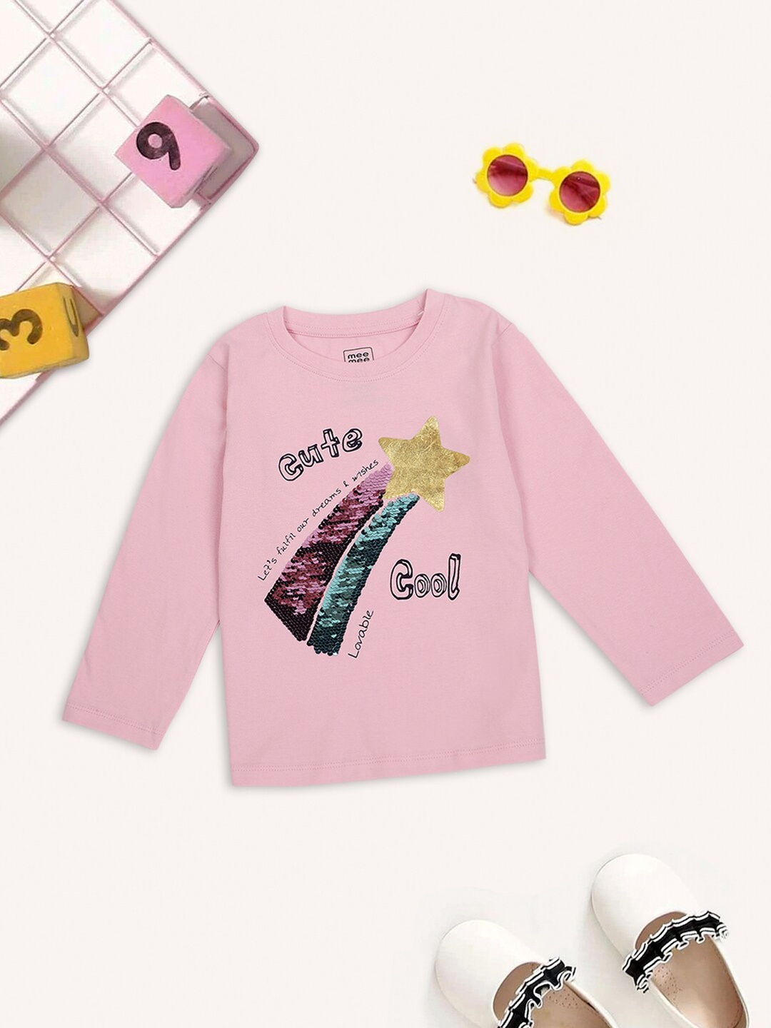 

MeeMee Girls Printed Cotton T-shirt, Pink