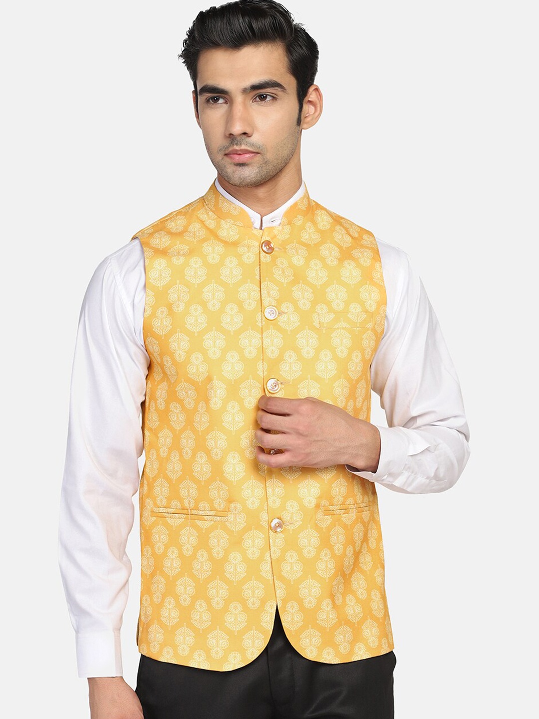 

TAHVO Men Woven Design Nehru Jacket, Yellow