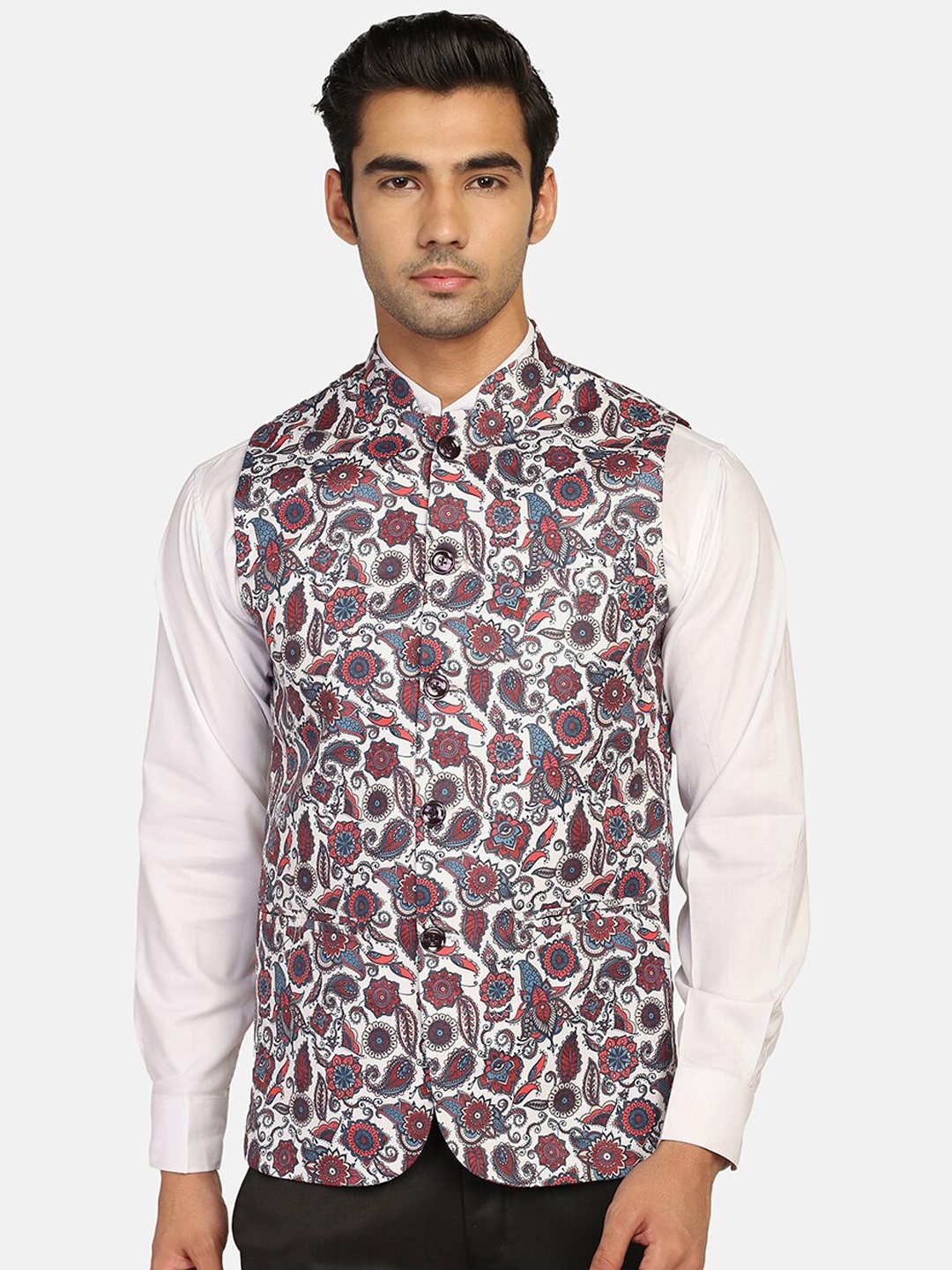 

TAHVO Men Printed Woven Nehru Jackets, White