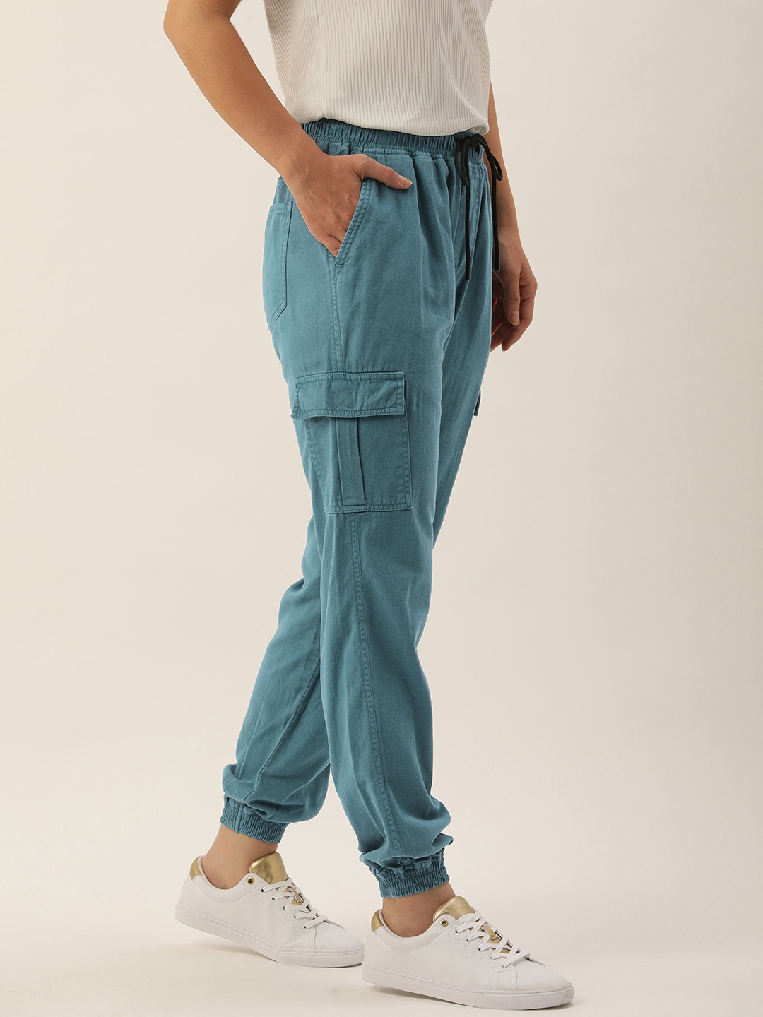 

IVOC Women Teal Blue Solid Pure Cotton Cargos Trousers