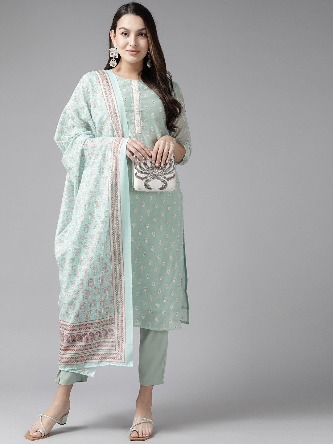 

Yufta Women Ethnic Motifs Printed Gotta Patti Chanderi Cotton Kurta Set, Sea green