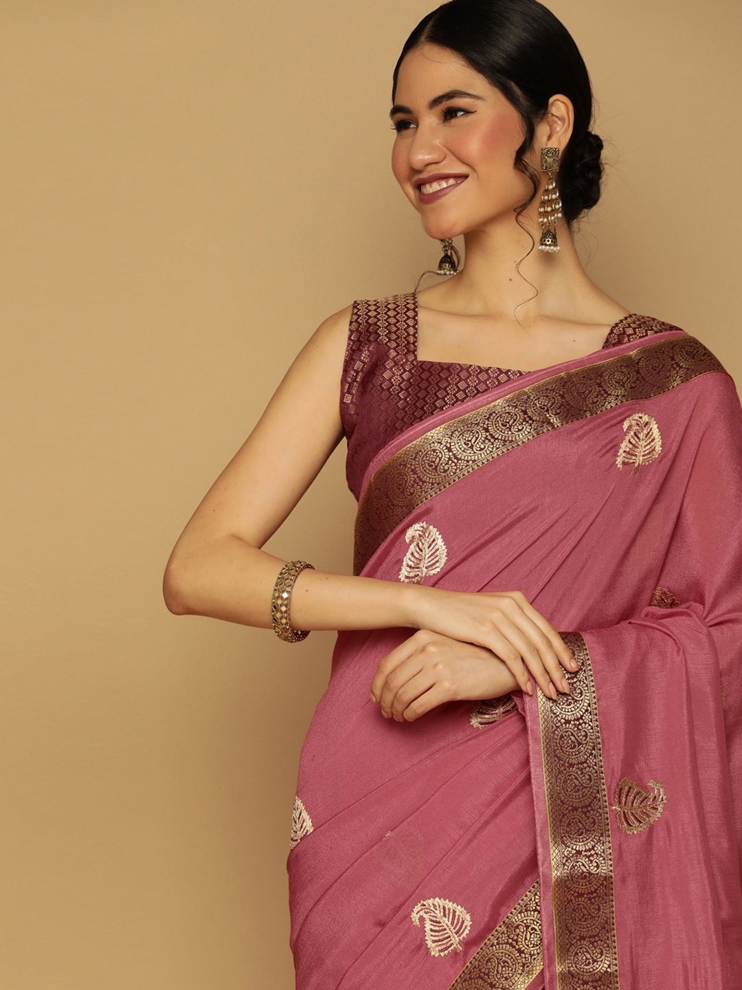 

Satrani Paisley Zari Silk Blend Saree, Pink