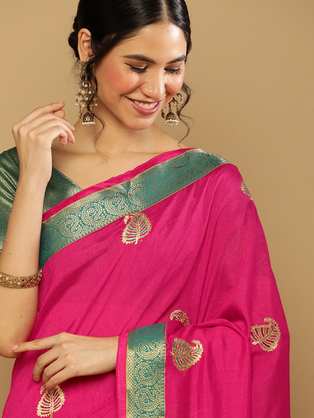 

Satrani Ethnic Motifs Zari Silk Blend Saree, Pink