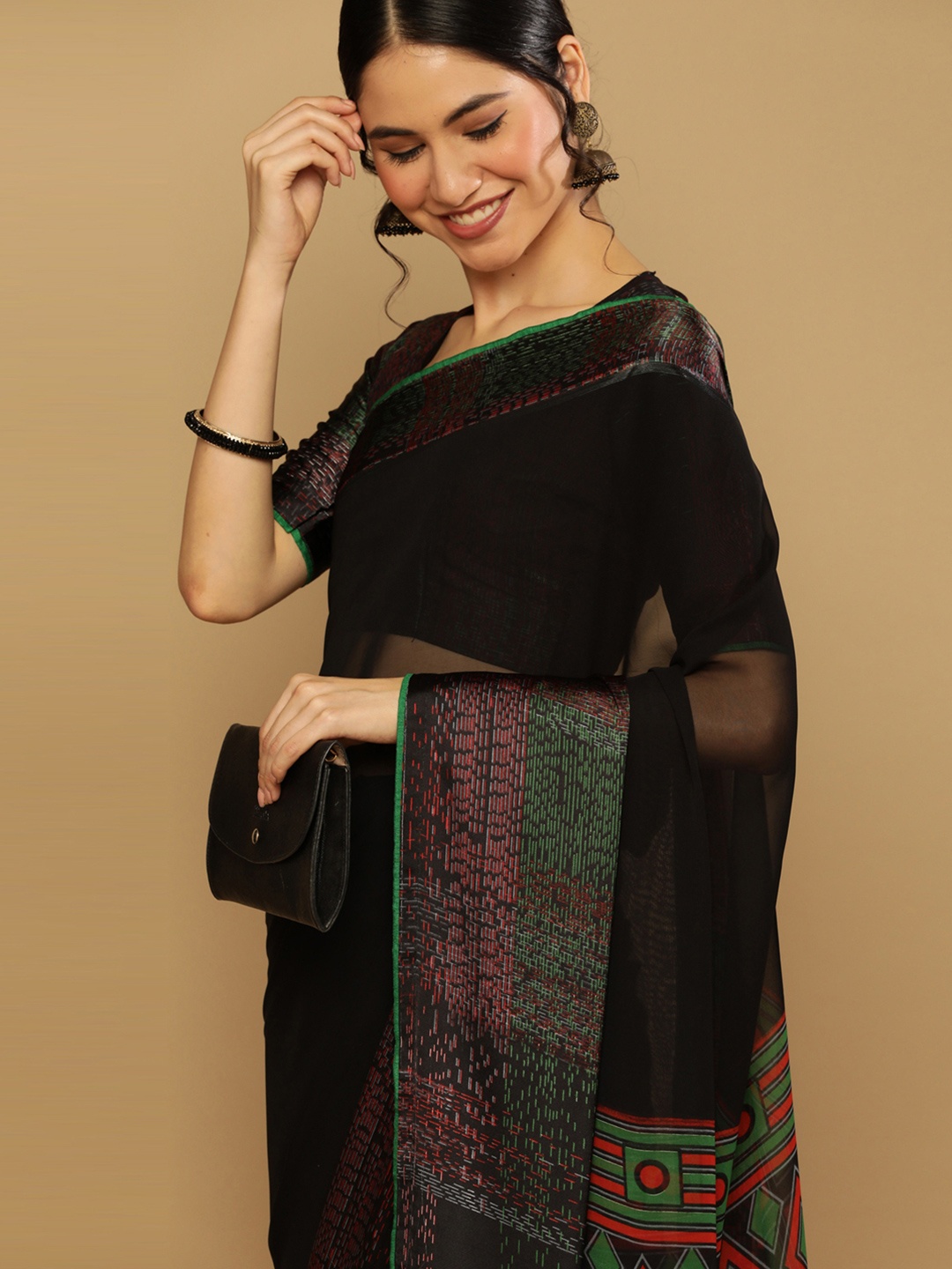 

Satrani Poly Georgette Printed Saree, Black