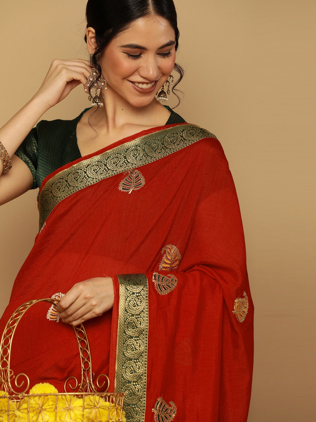 

Satrani Ethnic Motifs Zari Silk Blend Saree, Red