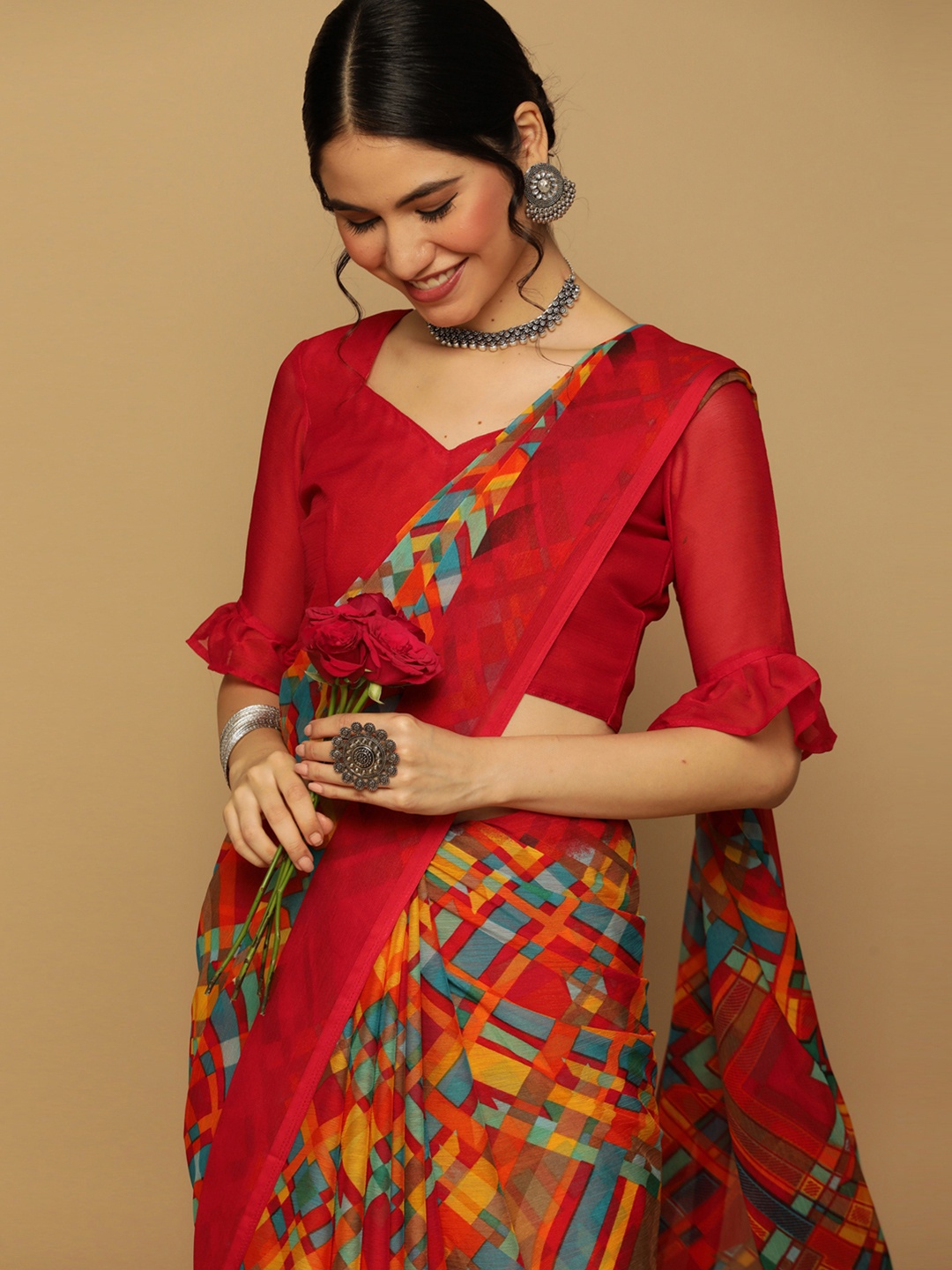 

Satrani Poly Chiffon Printed Saree, Red