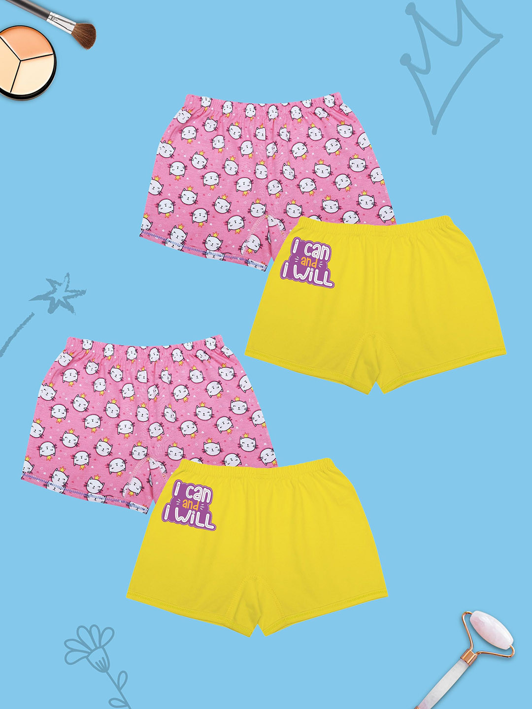 

DChica Girls Pack Of 4 Printed Pure Cotton Boxers Briefs DCSRSE8095, Yellow