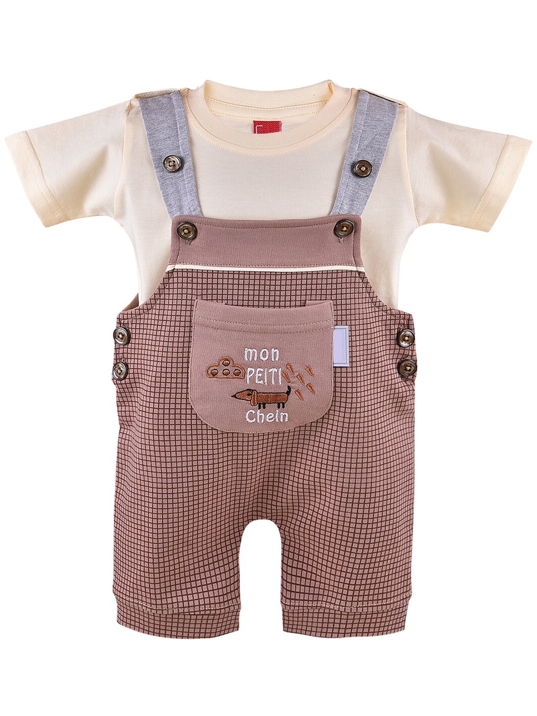 

Wish Karo Boys Solid T-shirt with Checked Dungaree, Brown