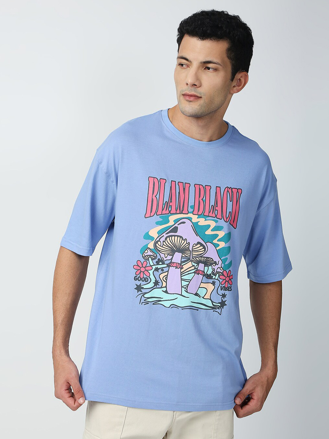 

Blamblack Men Round Neck Typography Printed T-shirt, Blue