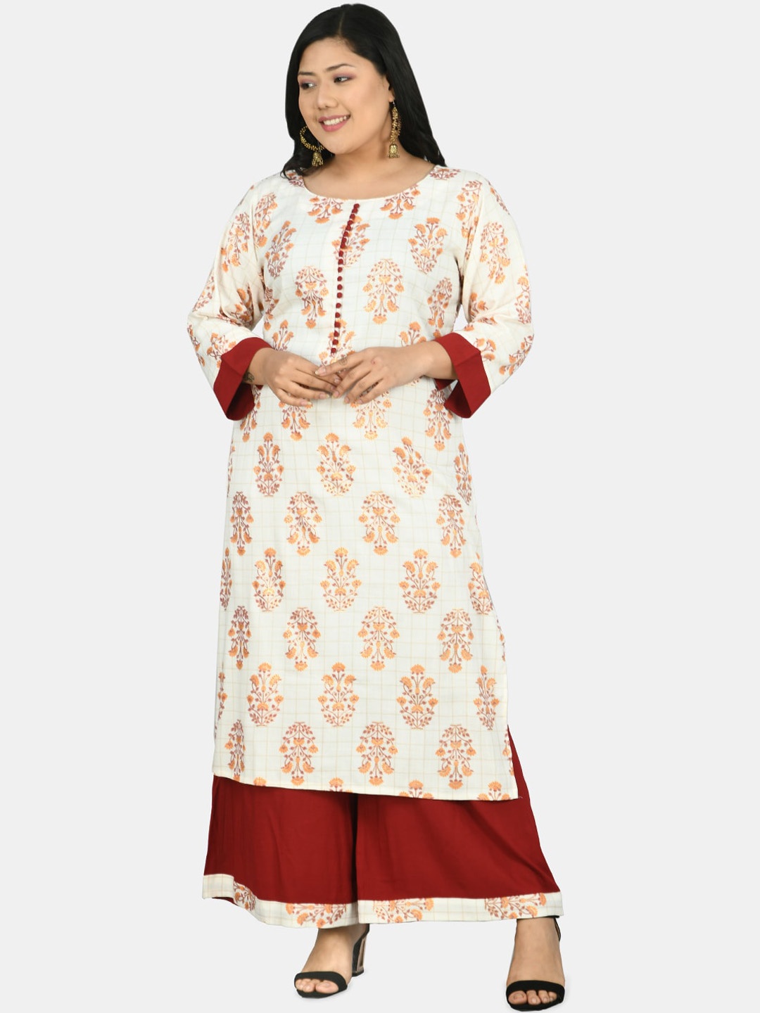 

PrettyPlus by Desinoor com Women White Floral Printed Kurta with Palazzos