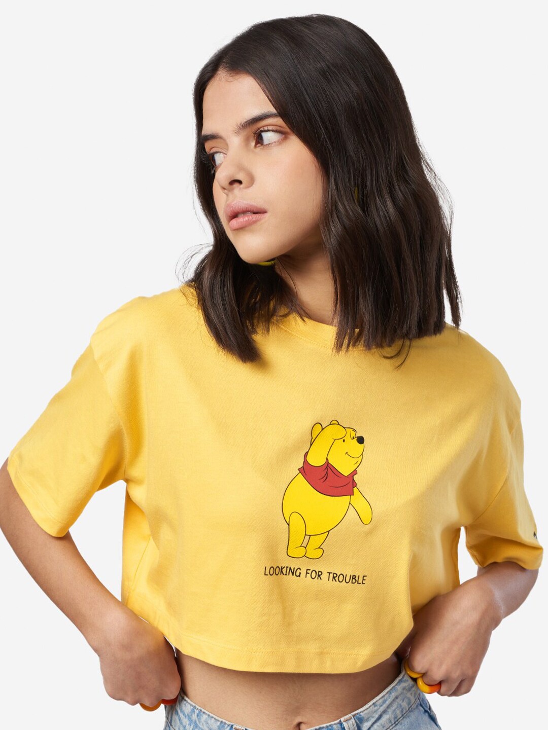 

The Souled Store Women Yellow Winnie The Pooh Trouble Print Oversized Crop T-Shirt