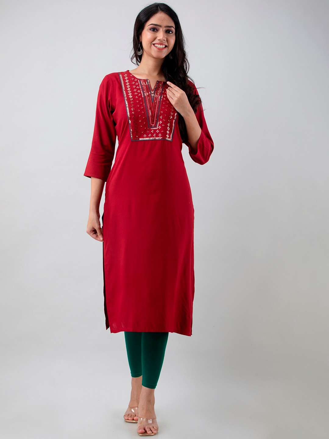 

PREKSHA Women Rayon Sequence Embroidered straight kurta, Maroon