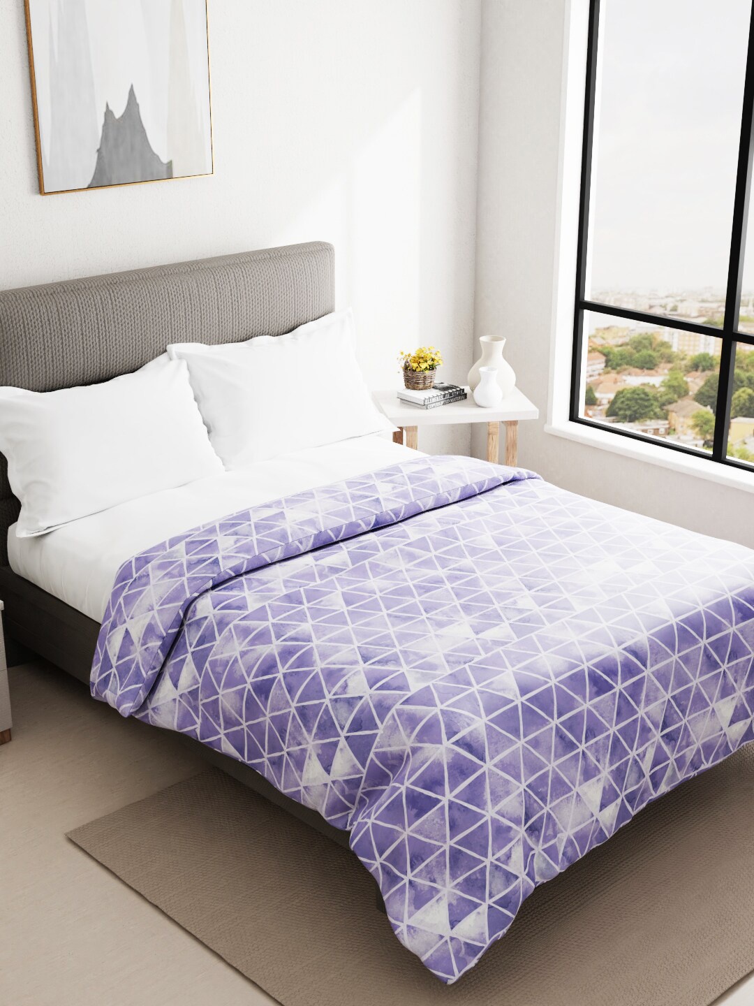 

BIANCA Blue & White Geometric AC Room 150 GSM Pure Cotton Double Bed Quilt