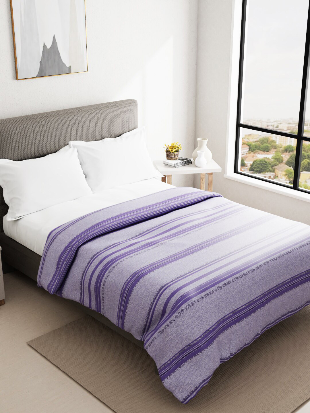 

BIANCA Purple Striped AC Room 150 GSM Pure Cotton Super Soft Double Bed Quilt