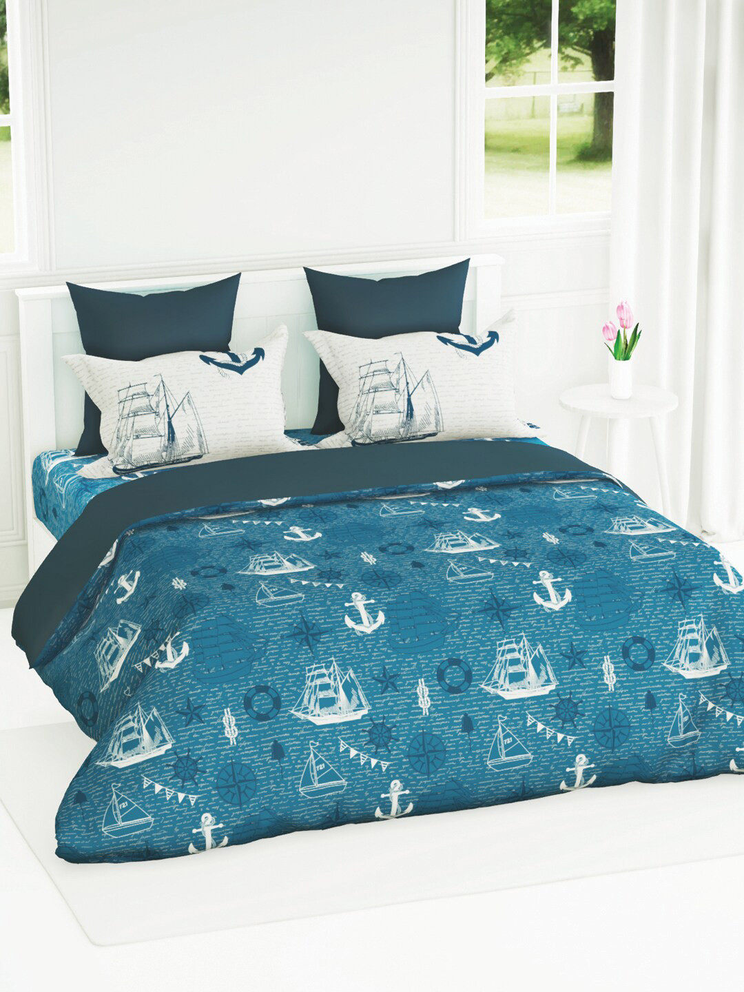 

BIANCA Geometric AC Room 150 GSM Pure Cotton Double Bed Quilt, Blue