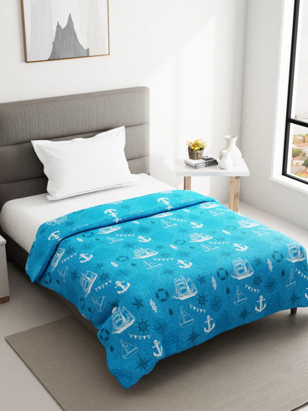 

BIANCA Geometric AC Room 150 GSM Single Bed Quilt, Blue