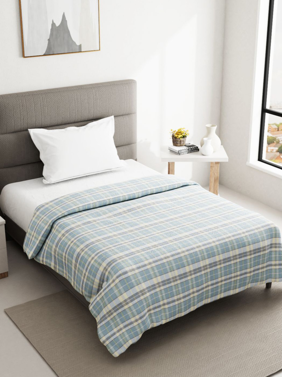 

BIANCA Checked AC Room 150 GSM Single Bed Quilt, Blue