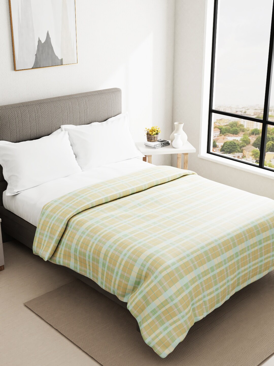 

BIANCA Mustard Yellow & White Checked AC Room 150 GSM Pure Cotton Double Bed Quilt