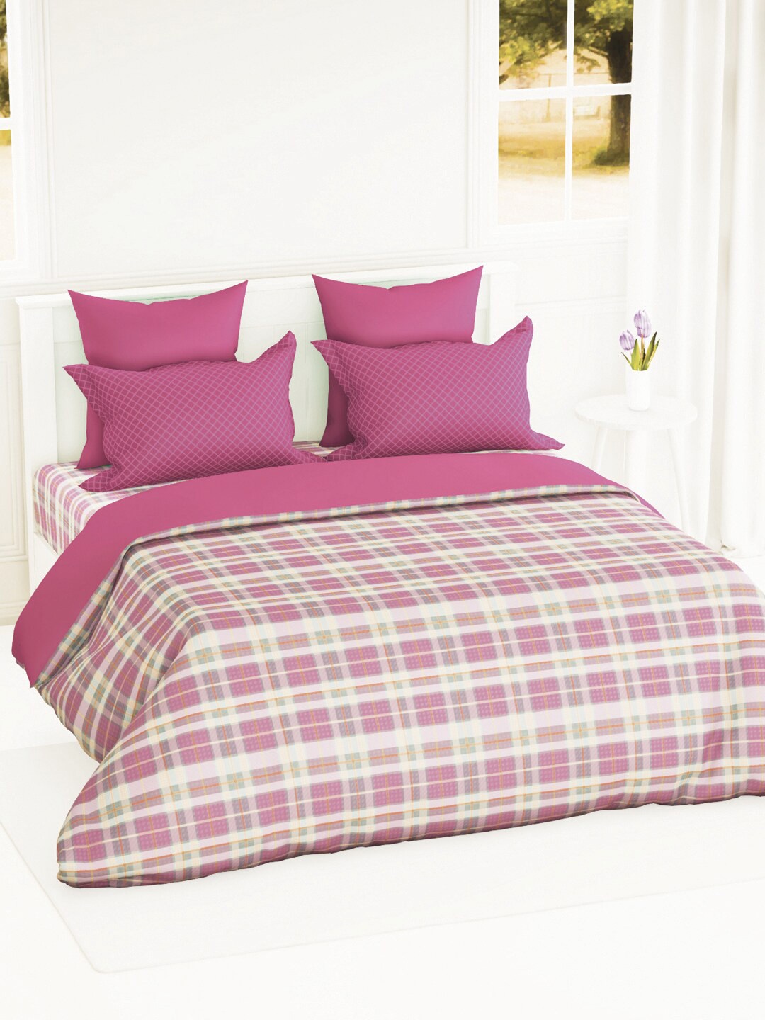 

BIANCA Pink & White Checked AC Room 150 GSM Pure Cotton Double Bed Quilt