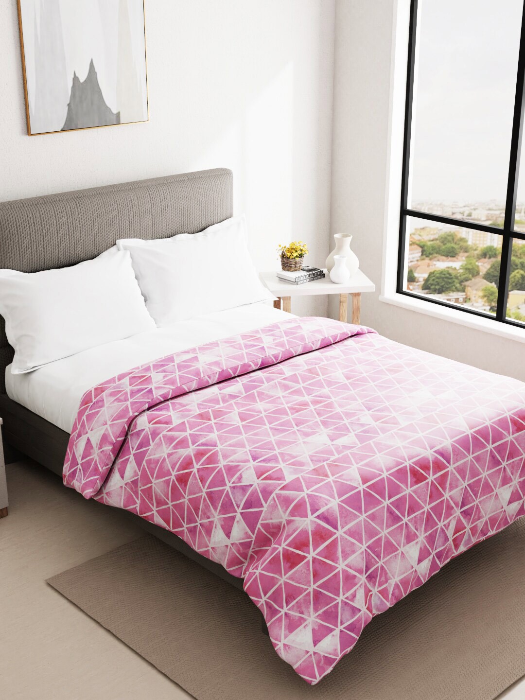 

BIANCA Geometric Printed AC Room 150 GSM Cotton Double Bed Quilt, Pink