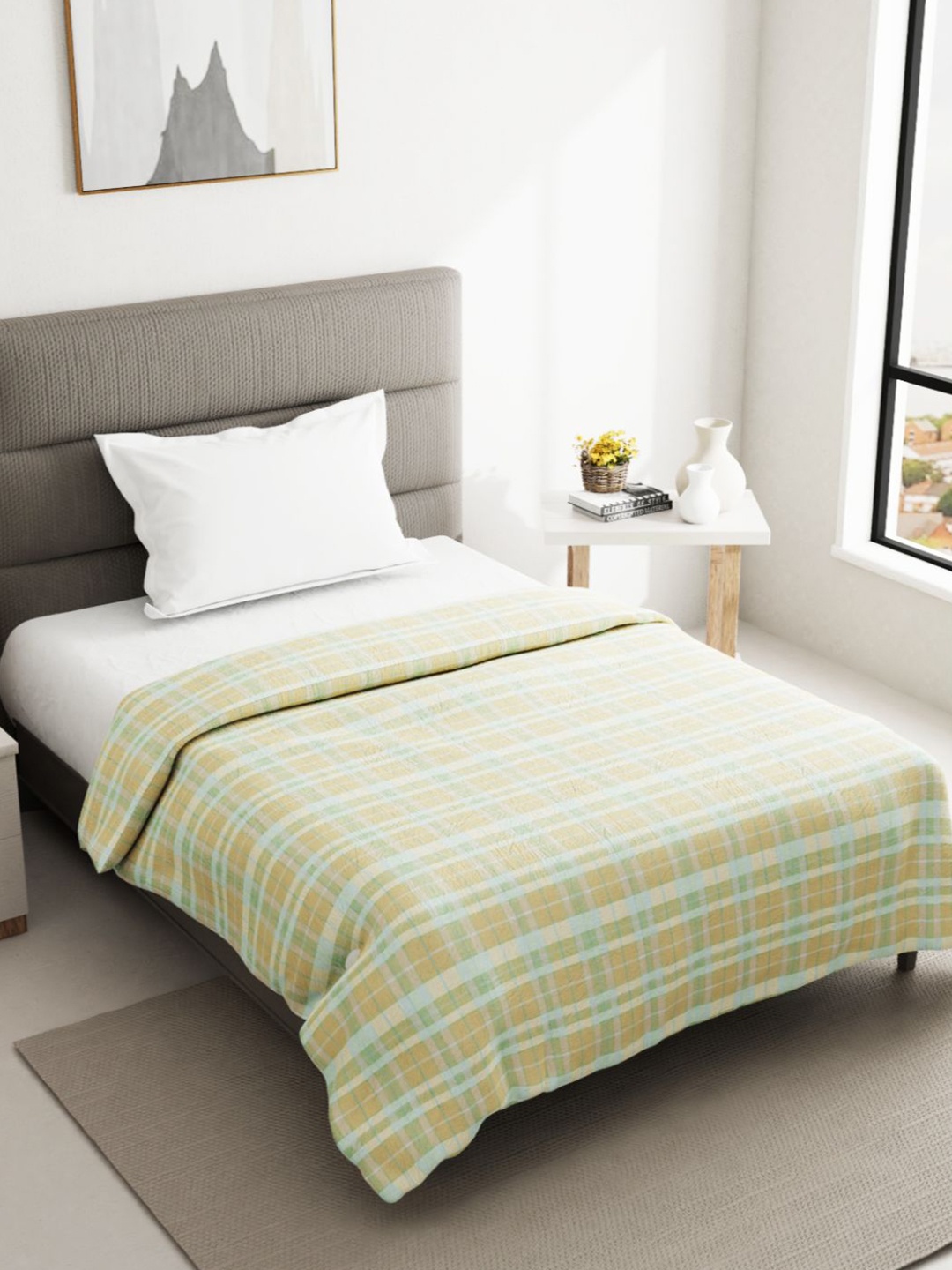 

BIANCA Checked Cotton AC Room 150 GSM Single Bed Quilt, Mustard