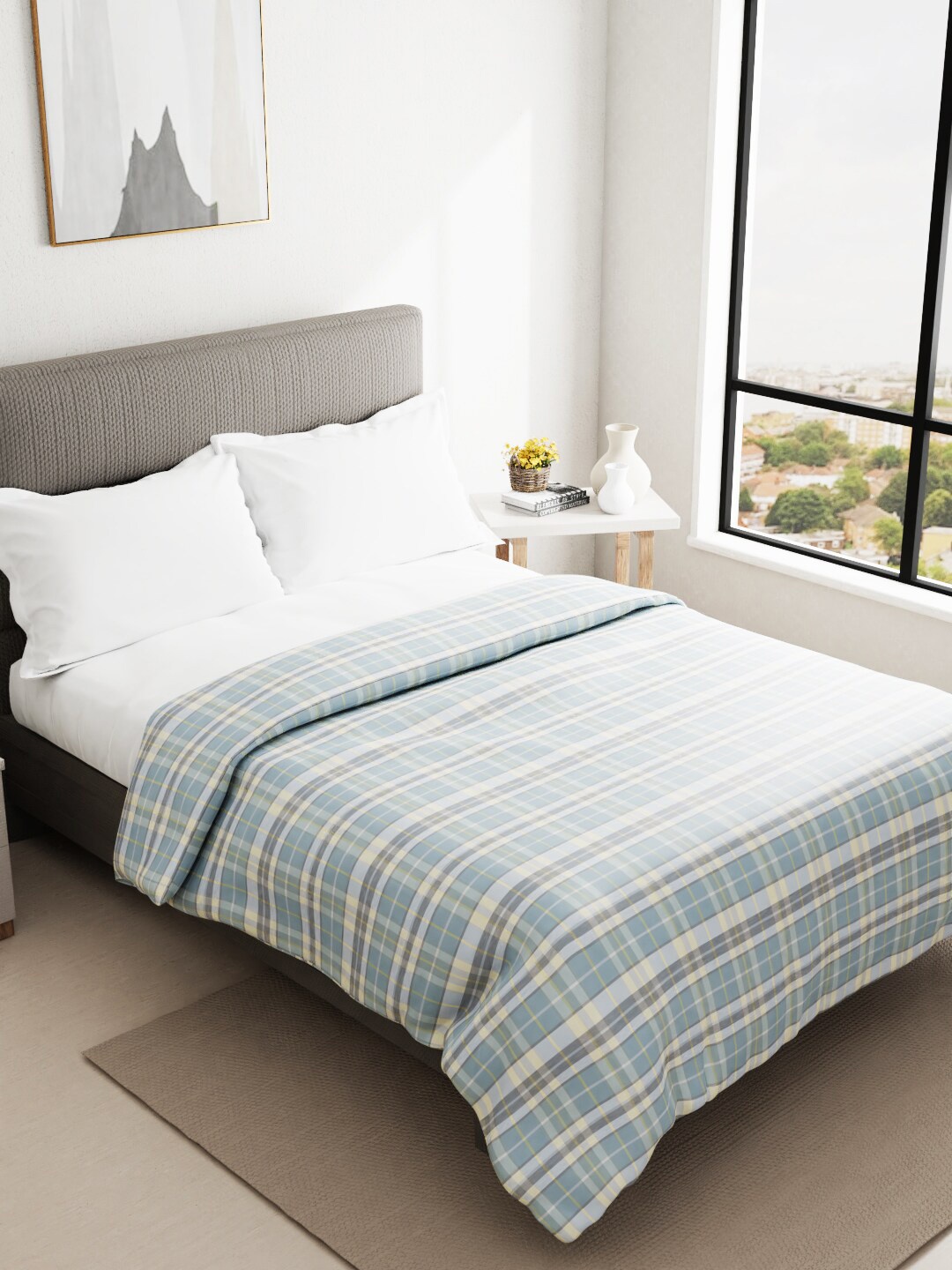 

BIANCA Blue & White Checked AC Room 150 GSM Pure Cotton Double Bed Quilt