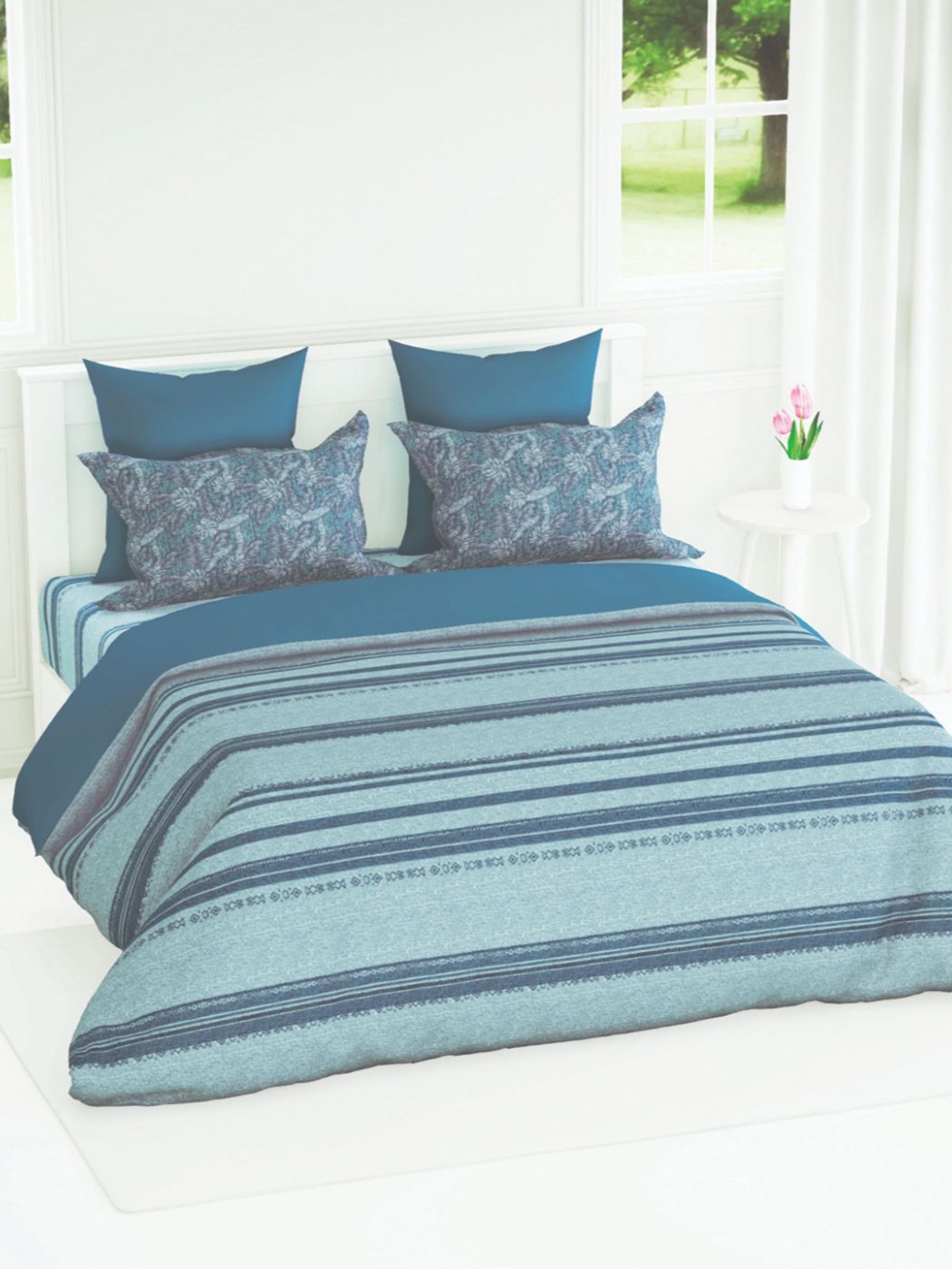 

BIANCA Striped AC Room Cotton 210 GSM Double Bed Quilt, Blue