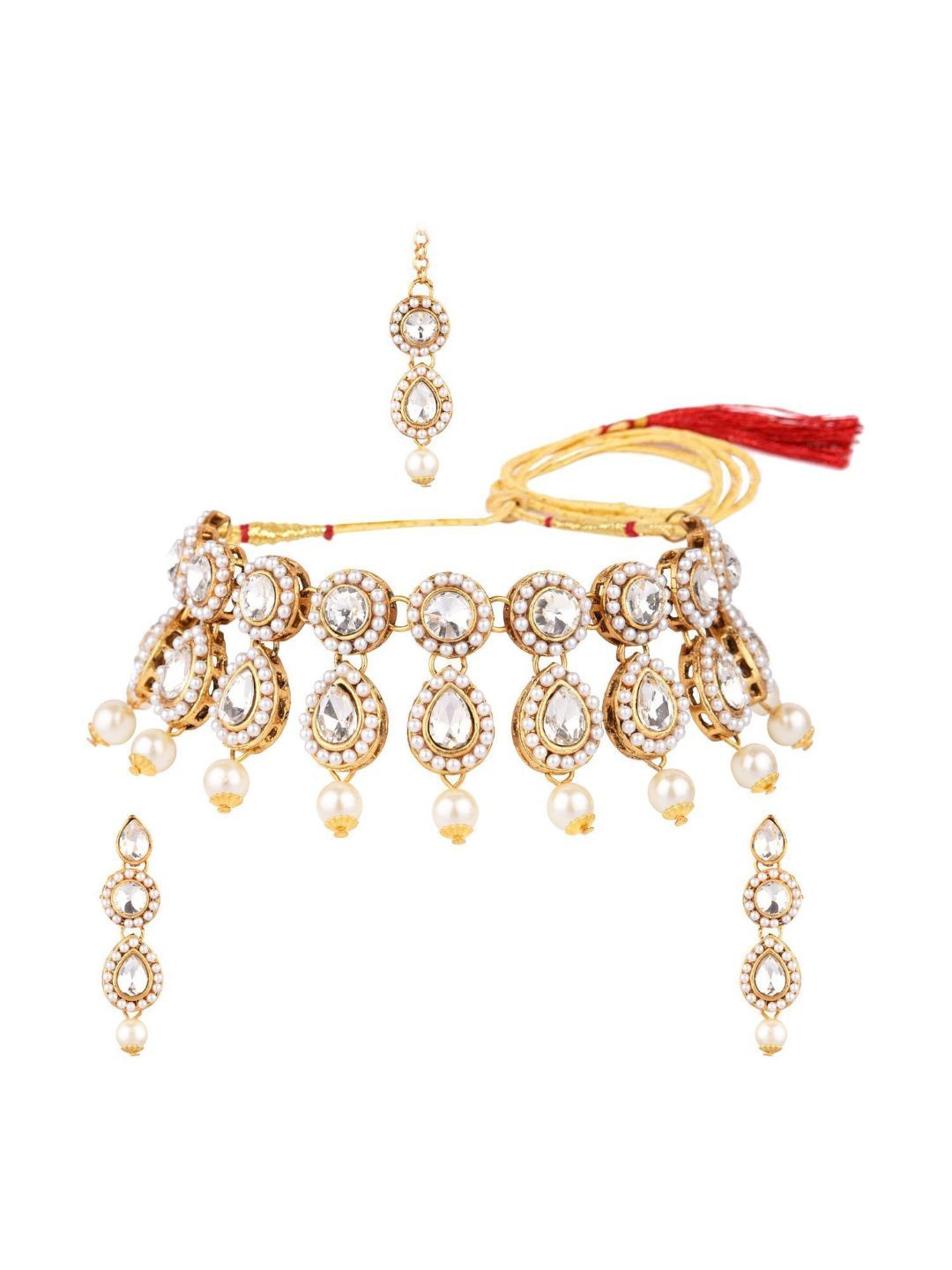 

Efulgenz Gold-Plated Crystal-Studded & Pearl Beaded Jewellery Set